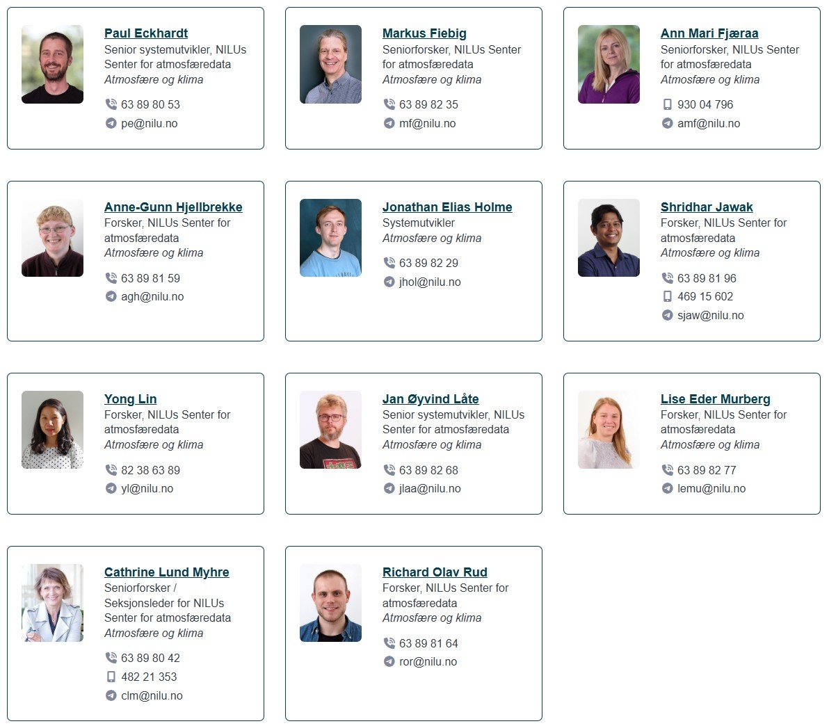 Portrettbilder og kontaktinfo for ansatte i Senter for atmosfæredata, nov. 2025