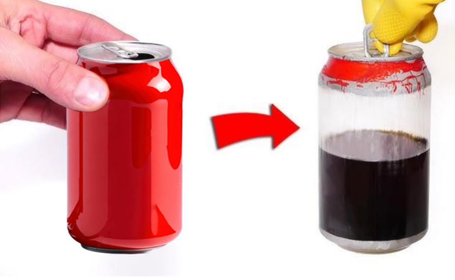 Bildet viser en rød brusboks med en pil til et bilde av en brusboks der det meste av aluminiumen i boksen er fjernet og du ser plastbellegget på innsiden av boksen.